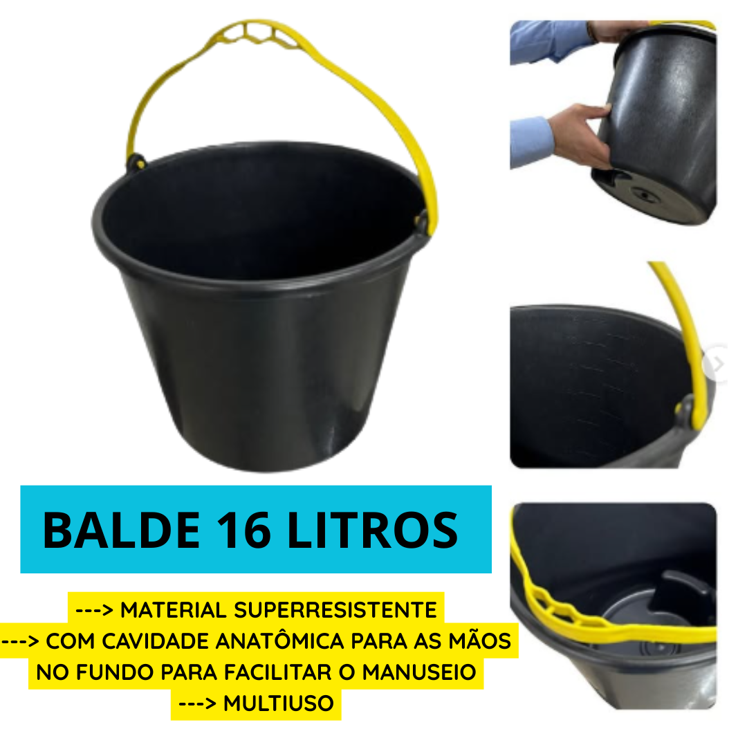 Balde Preto 16 Litros com alça amarela - ...