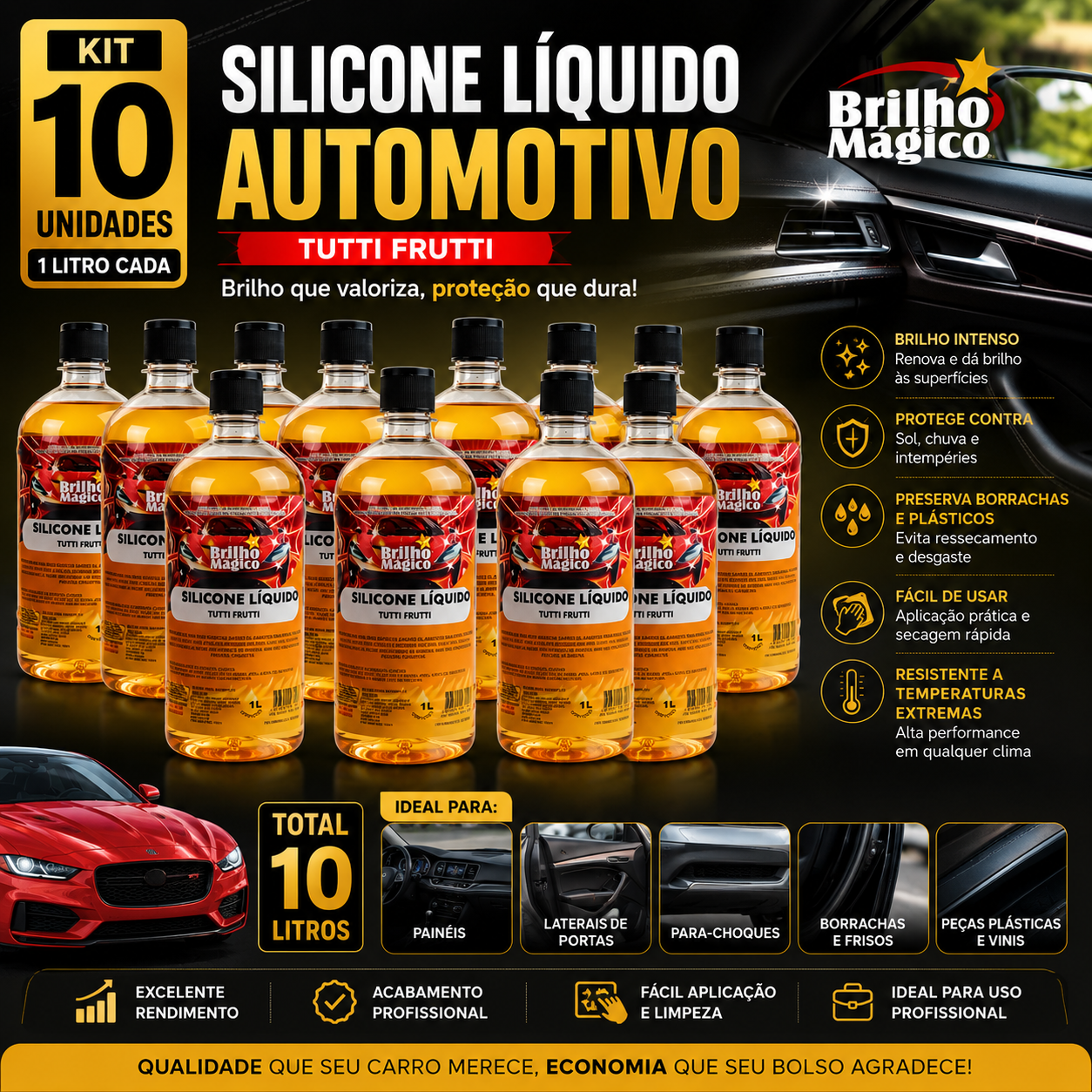 Kit 10 Silicone Líquido Automotivo 1L Bri...